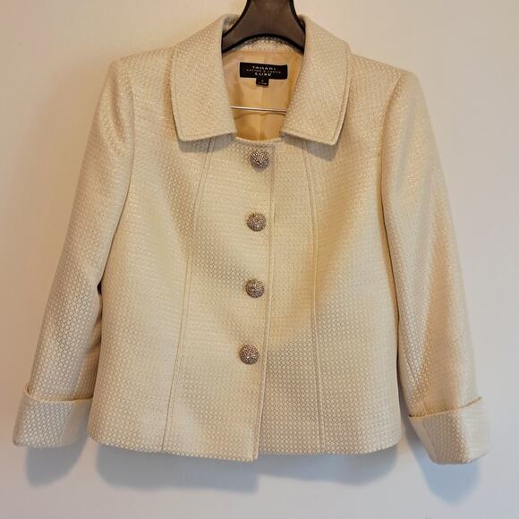 Tahari Arthur S Levine Luxe Elegant Cream Skirt Suit Set Gold Trim - Picture 2 of 10